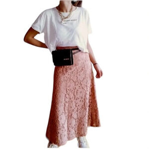Zara Nude Color Guipure Lace A-Line Midi Skirt Size XS